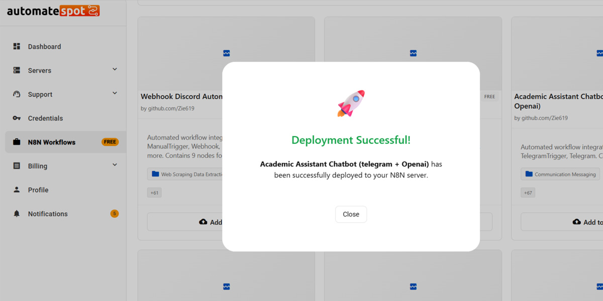 AutomateSpot Workflow Deployment Success Message