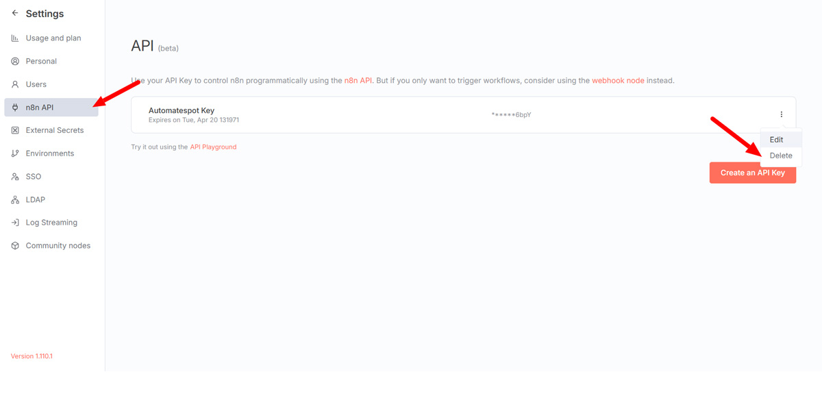 N8N API Key Management Interface